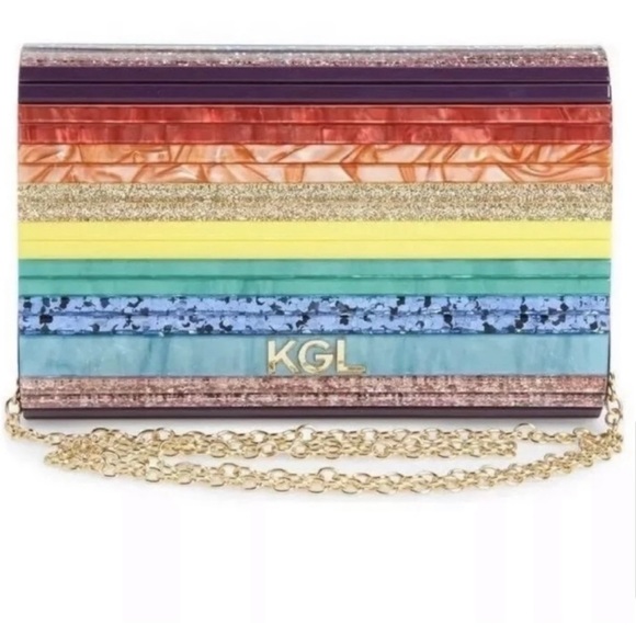 Kurt Geiger London Party Multi Stripe  Pride Rainbow Glitter Envelope Clutch - Picture 7 of 17